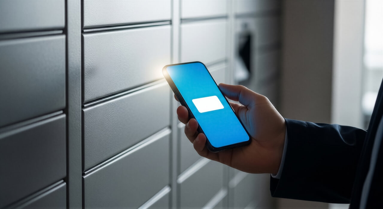 Close up of person using mobile phone app to open electronic locker smart storage system