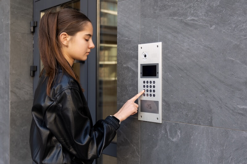 Young woman using intercom at apartment entrance