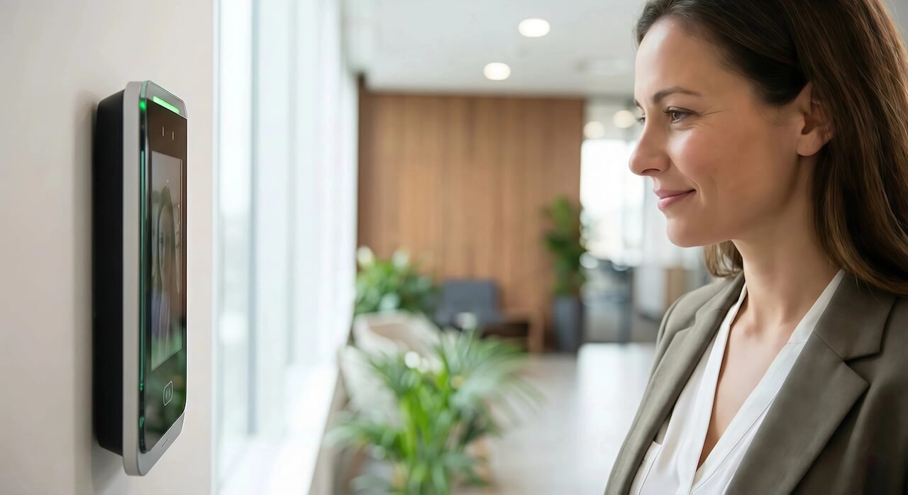 Professional woman in a tailored blazer uses a modern wall-mounted access control panel