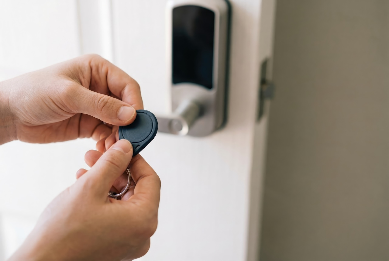 Hands holding a black key fob to a modern silver smart lock on a white door.