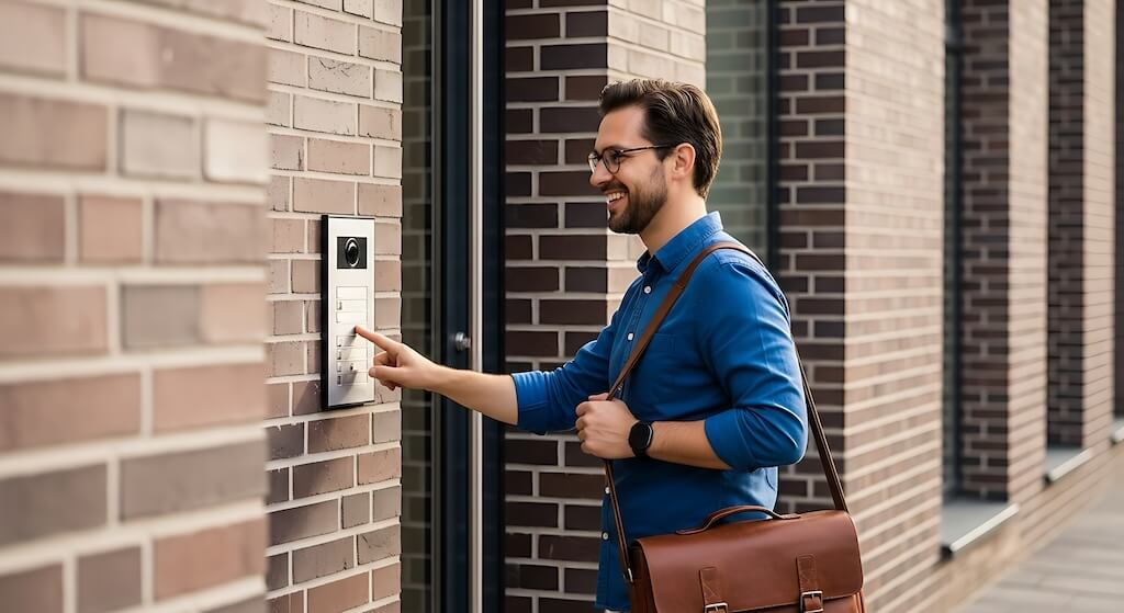 Man using video intercom system on the brick wall of the house