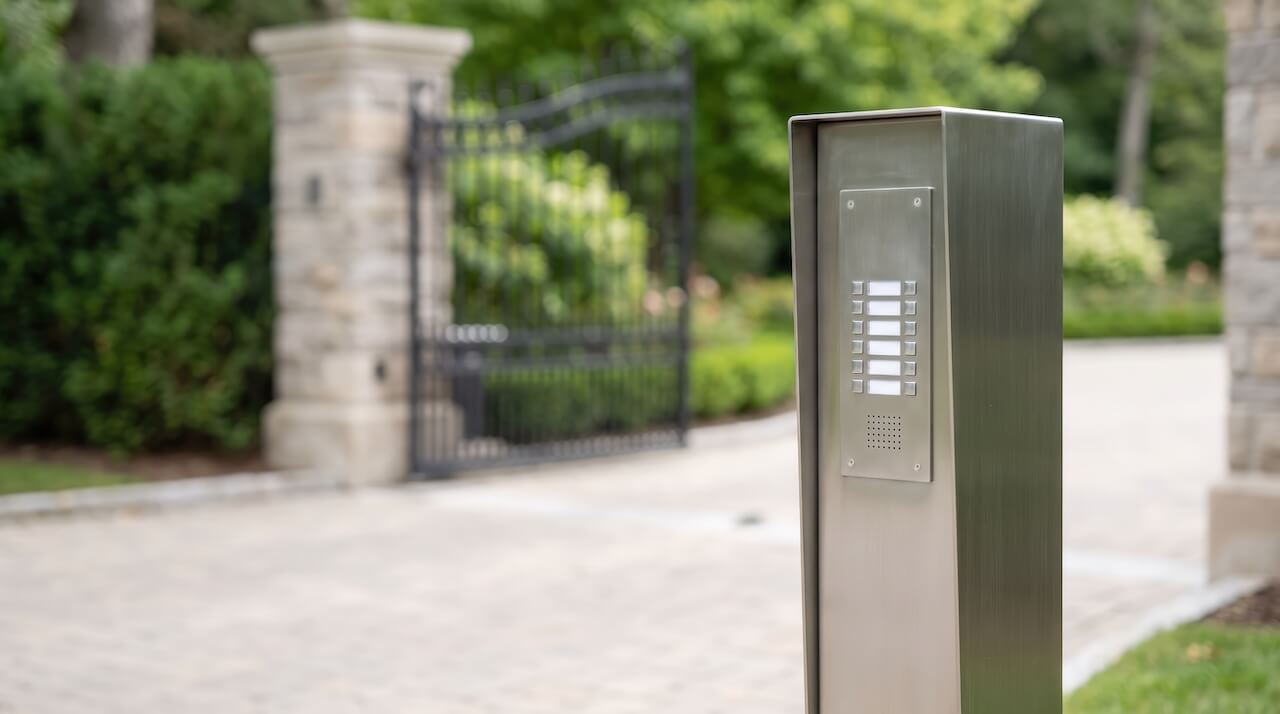 Close-up of a gate intercom unit