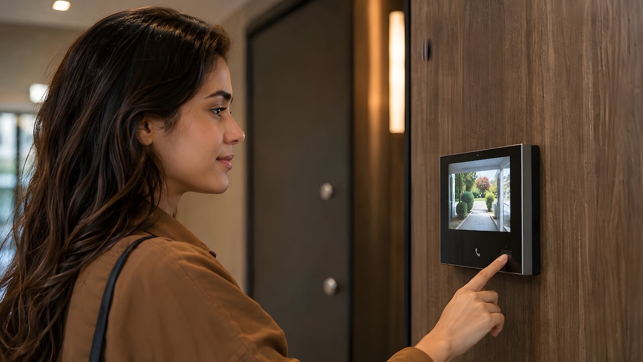 Young woman pressing button on smart video intercom system at apartment entry